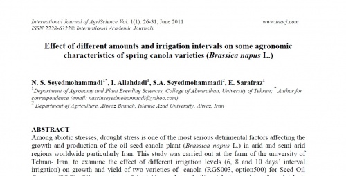 Read more about the article مقاله ISI با عنوان  Effect of different amounts and irrigation intervals on some agronomic characteristics of spring canola varieties (Brassica napus L.)