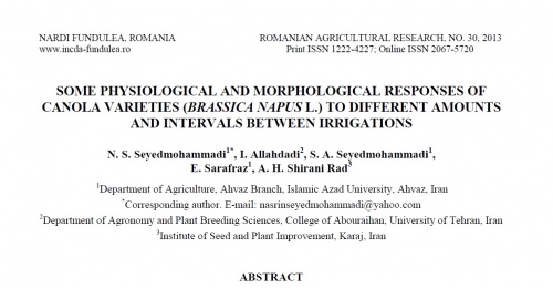 Read more about the article مقاله با عنوان  SOME PHYSIOLOGICAL AND MORPHOLOGICAL RESPONSES OF CANOLA VARIETIES (BRASSICA NAPUS L.) TO DIFFERENT AMOUNTS AND INTERVALS BETWEEN IRRIGATIONS